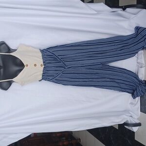 Lily Rose Paper Bag Waist Jumpsuit, blue & cream, wide leg